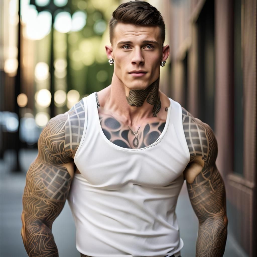 Tattooed Model in Checkered Shirt: Photorealistic 8K