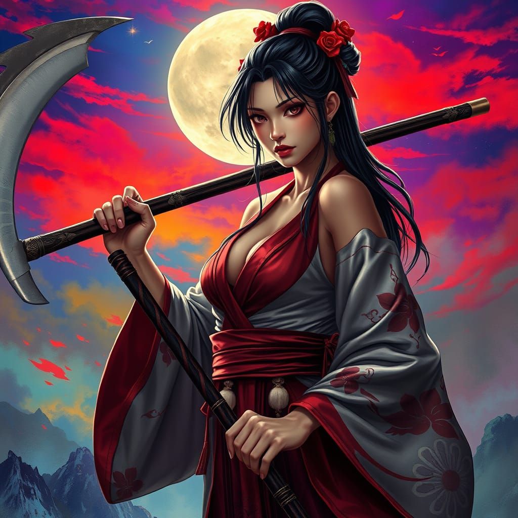 Fierce Yakei-sha with Scythe Under Full Moon
