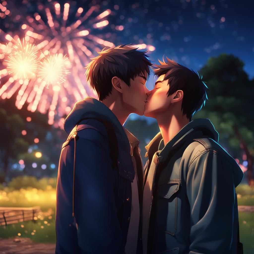 Gay Couple Kissing Under Fireworks: 3D Anime Art