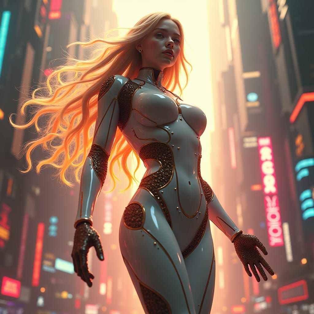 Woman in Robot Suit in Cyberpunk Cityscape