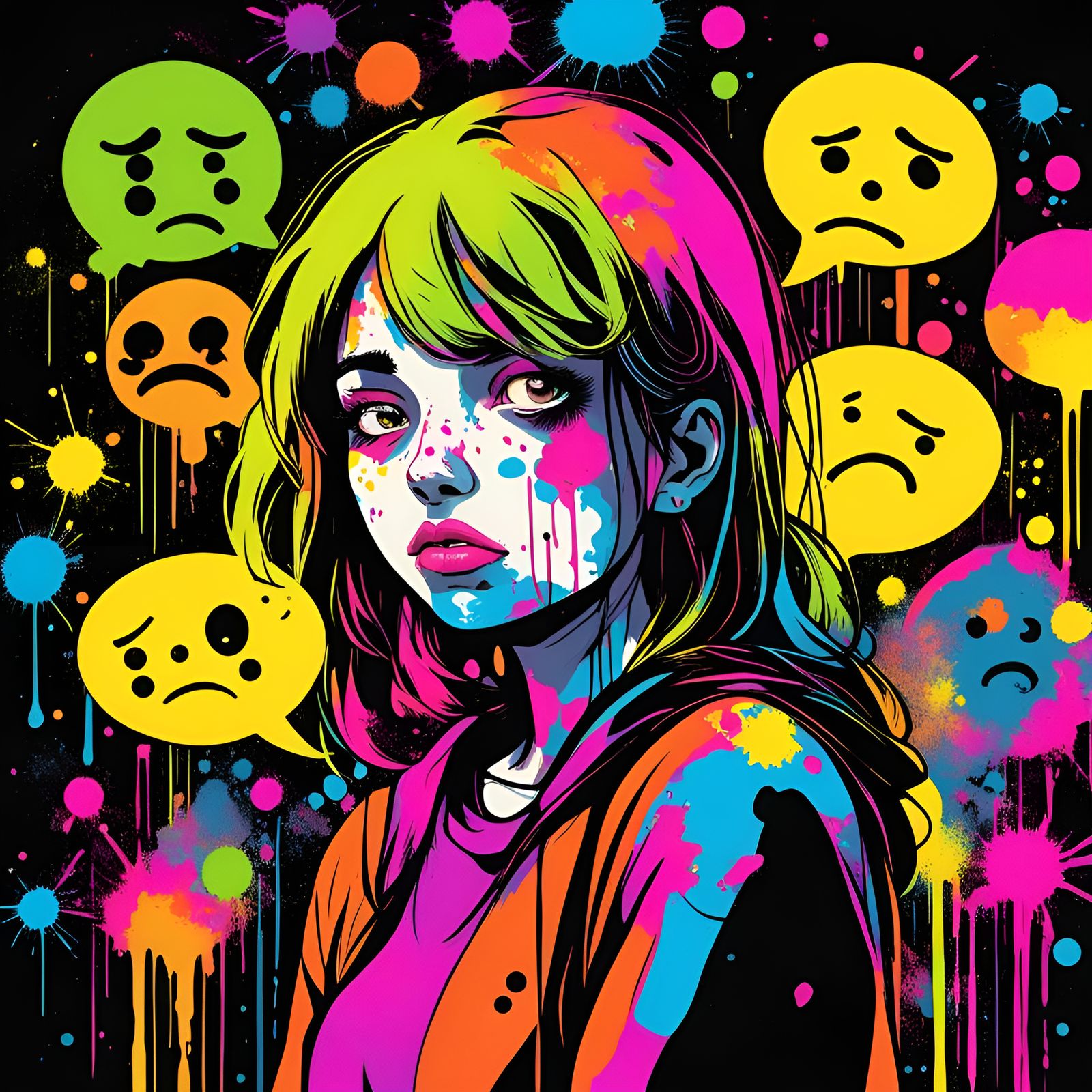 Neon Ink Splatter Art of Insecure Teen