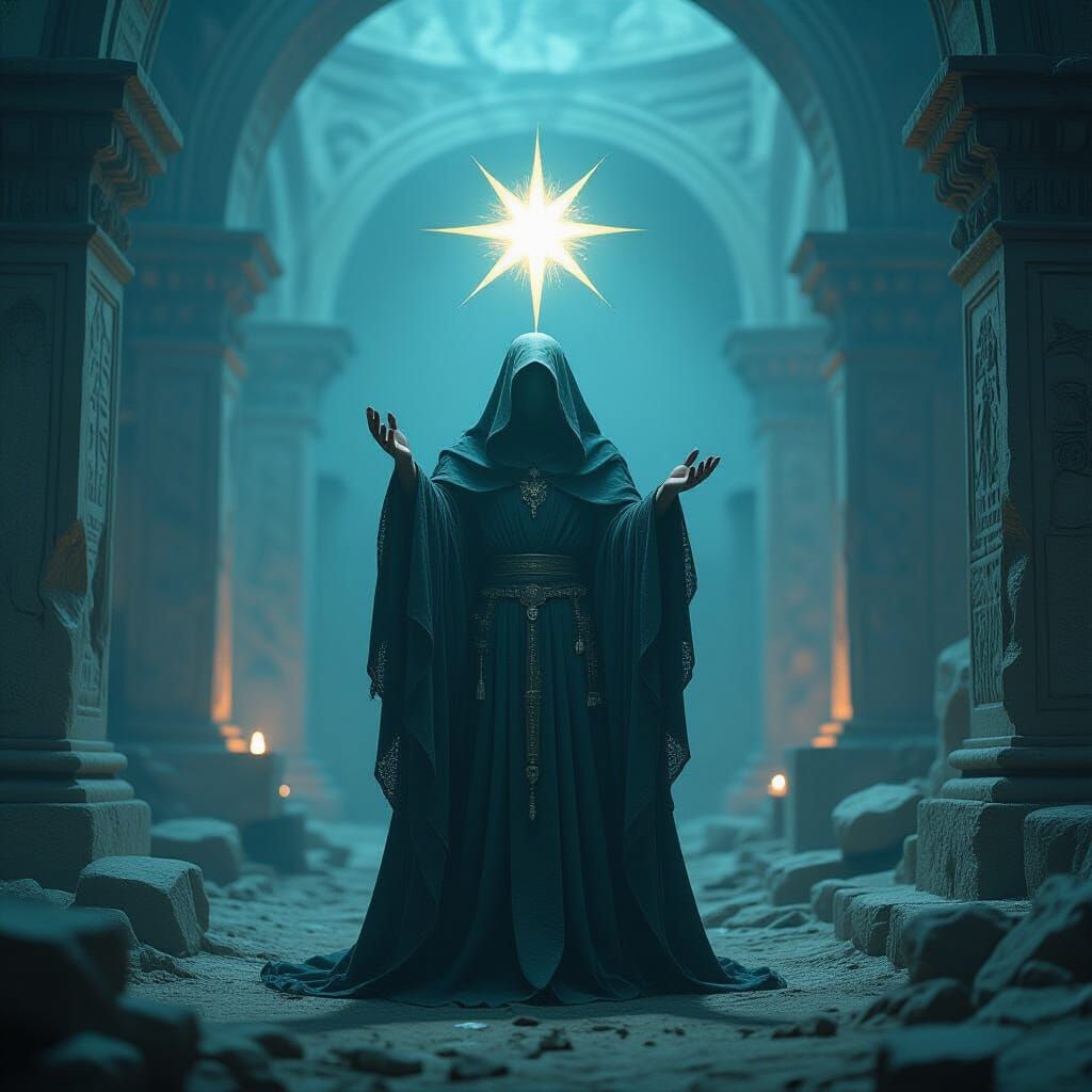 Mystical Guardian with Star in Ethereal Ruins