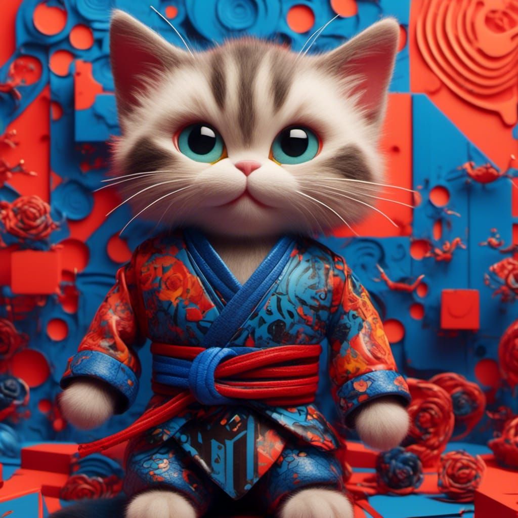 Ninja Cat with Bauhaus-Inspired Geometric Background