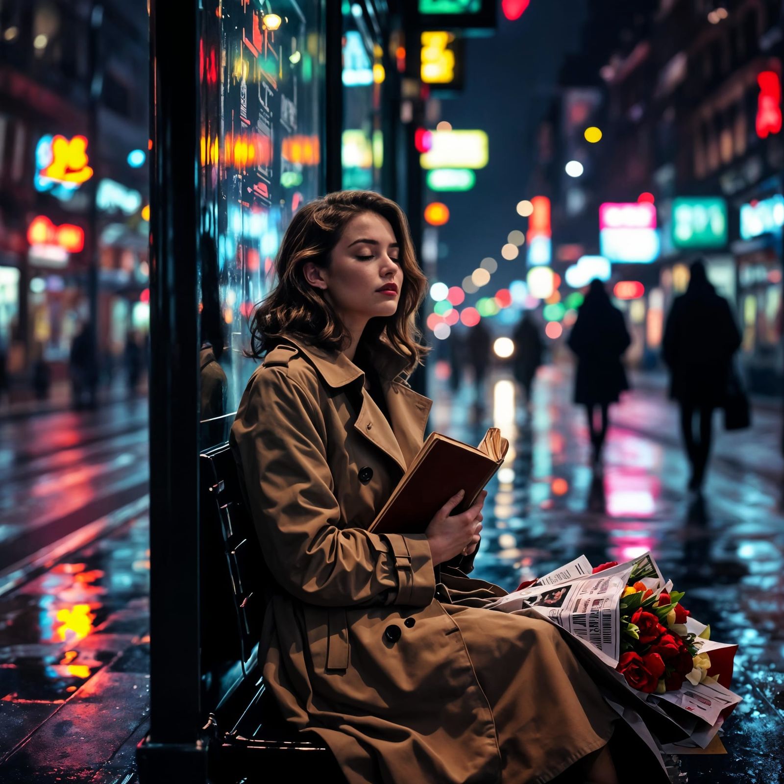 Rainy City Tram Stop Elegy in Moody Neon
