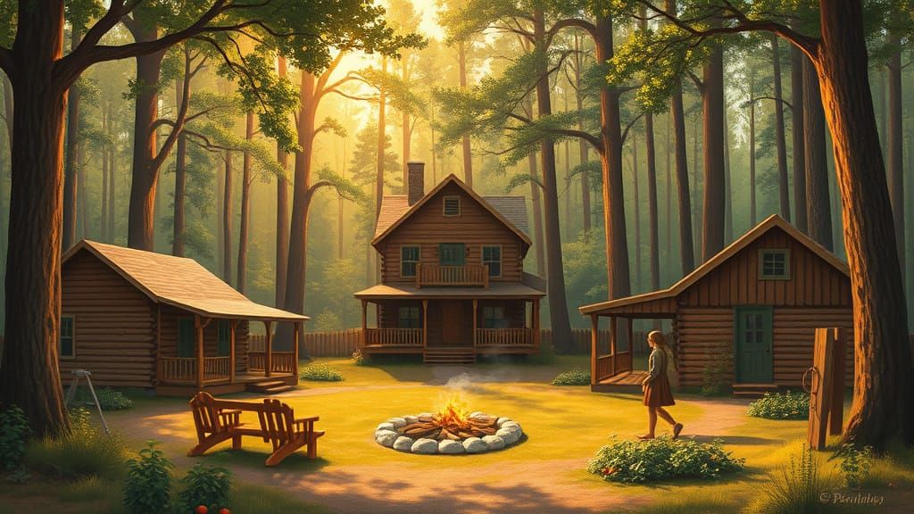 Rustic Forest Homes in Golden Hour Light
