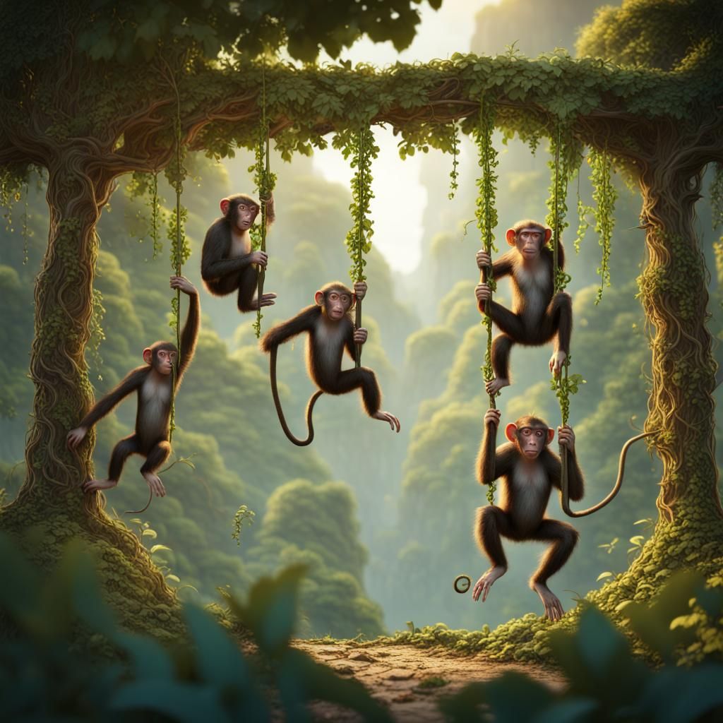 Monkeys Swinging: Detailed Matte Painting in 8k