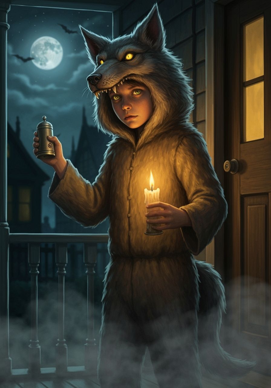 Wolf Costume Trick-Or-Treater With Glowing Eyes