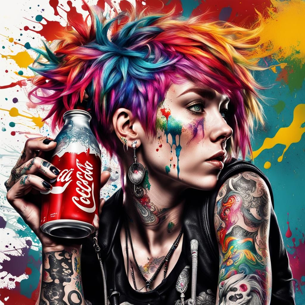 Inked Punk Girl with Colorful Splashes, Hyperrealistic
