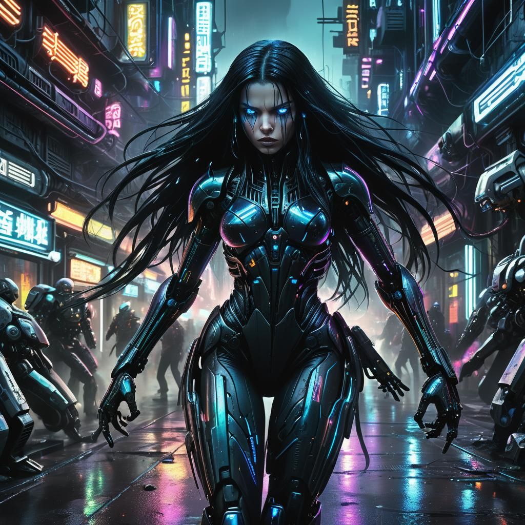 Cyberpunk Woman Fighting in Mech: Neon Digital Painting
