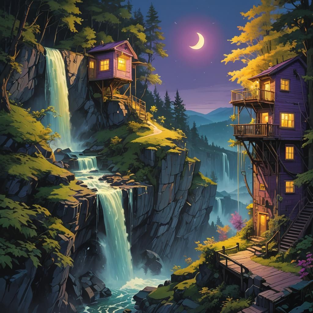 Crescent Moon Lit Waterfall Fantasy Art