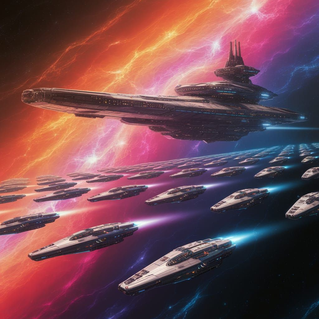 Ethereal Cosmic Fleets in Vibrant Hues