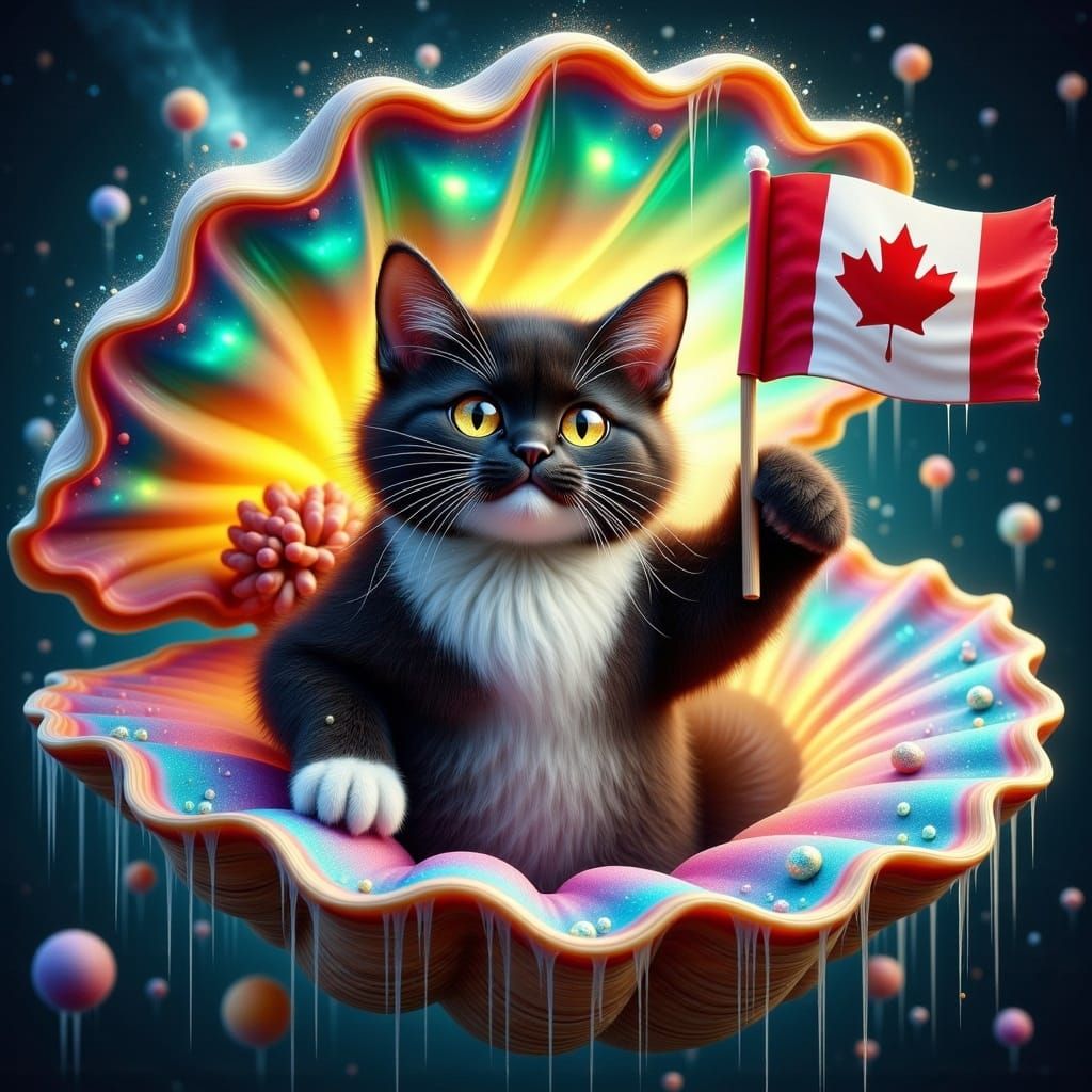 Cosmic Seashell Cat Waving Canadian Flag