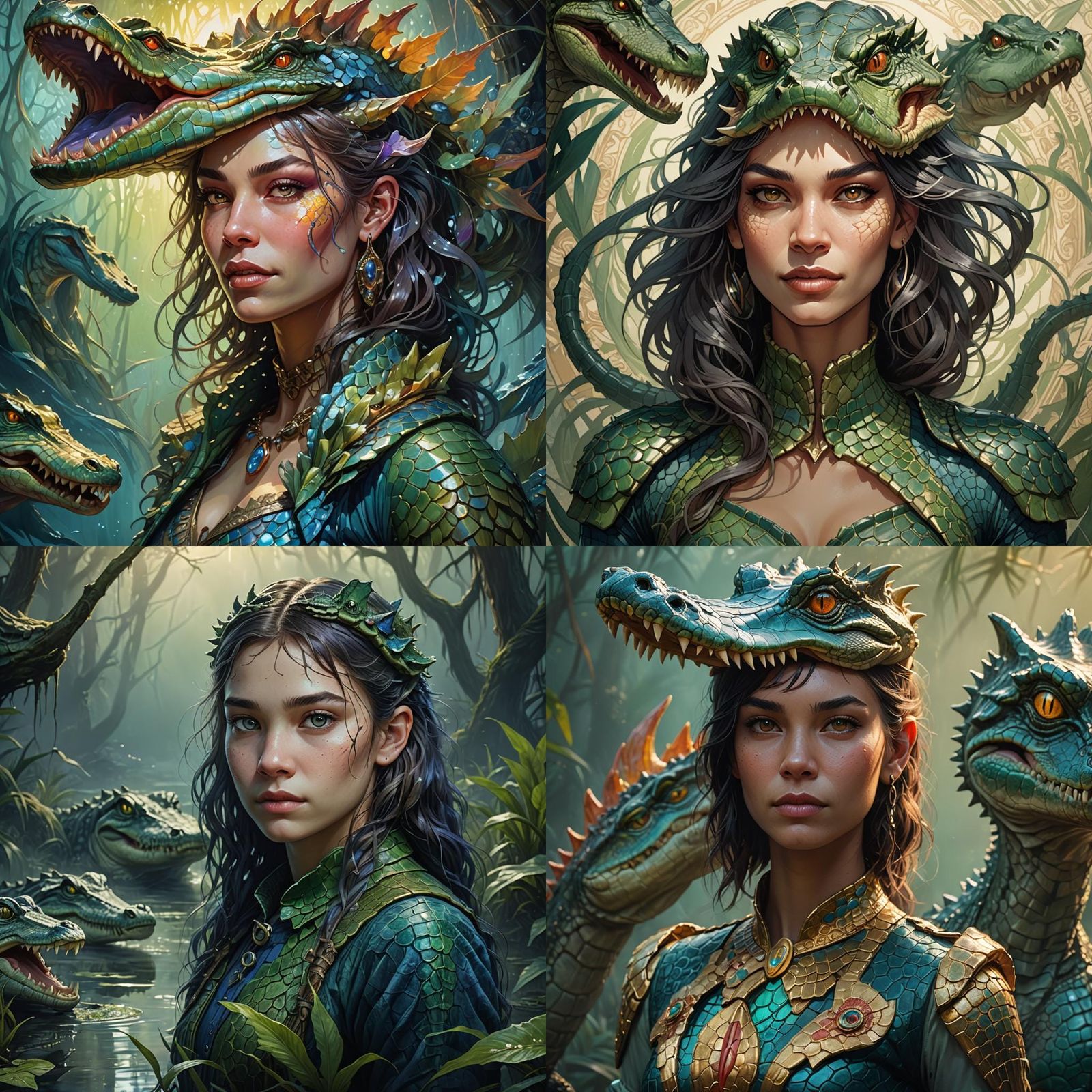Alligator Girl Portrait in Art Nouveau Style