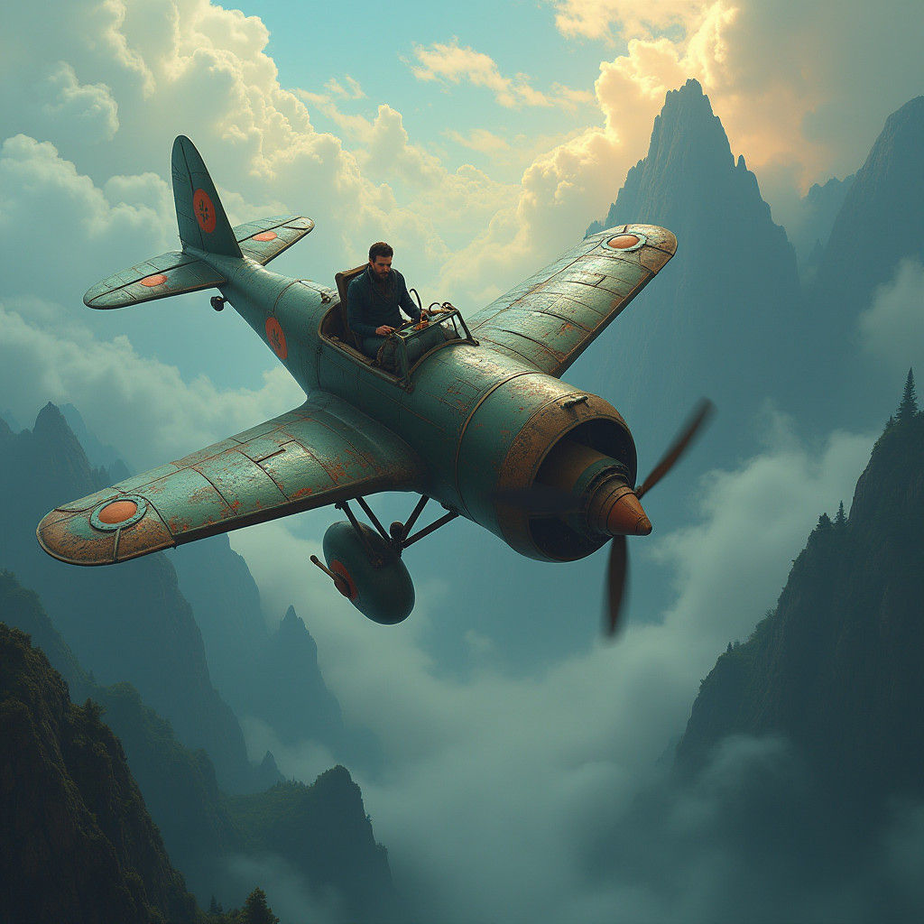 Steam-Powered Aeroplane Adventure in Fantasy Landscape