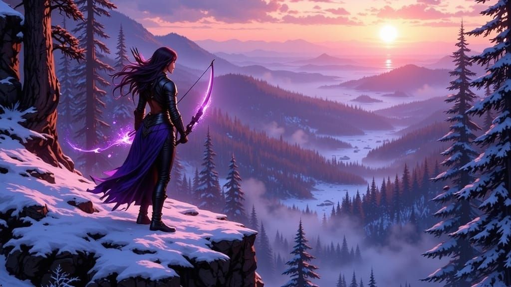 Elf Ranger Overlooking Snowy Forest in Dark Fantasy Style
