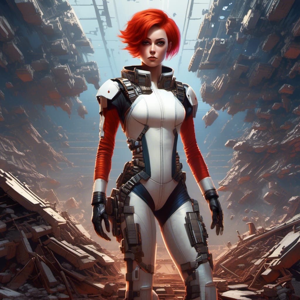 Grumpy Female Space Pilot in Cyberpunk Style