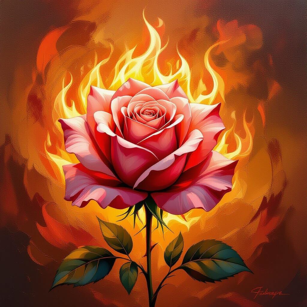 Surreal Rose Transforms into Fiery Flames in Bold Strokes