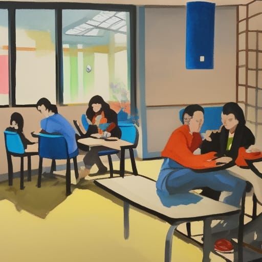 Detailed Gouache Painting of a School Lunchroom