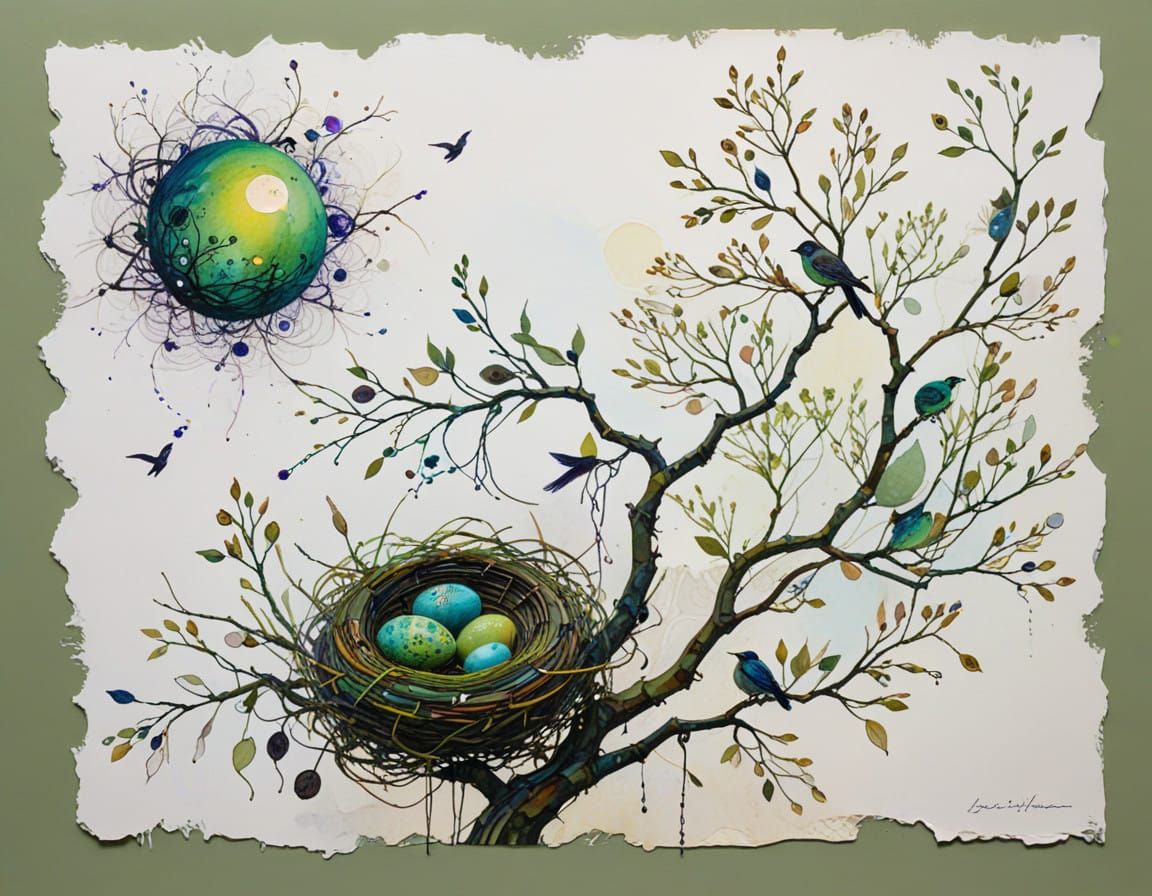 Moonlit Bird's Nest in Vibrant Colors