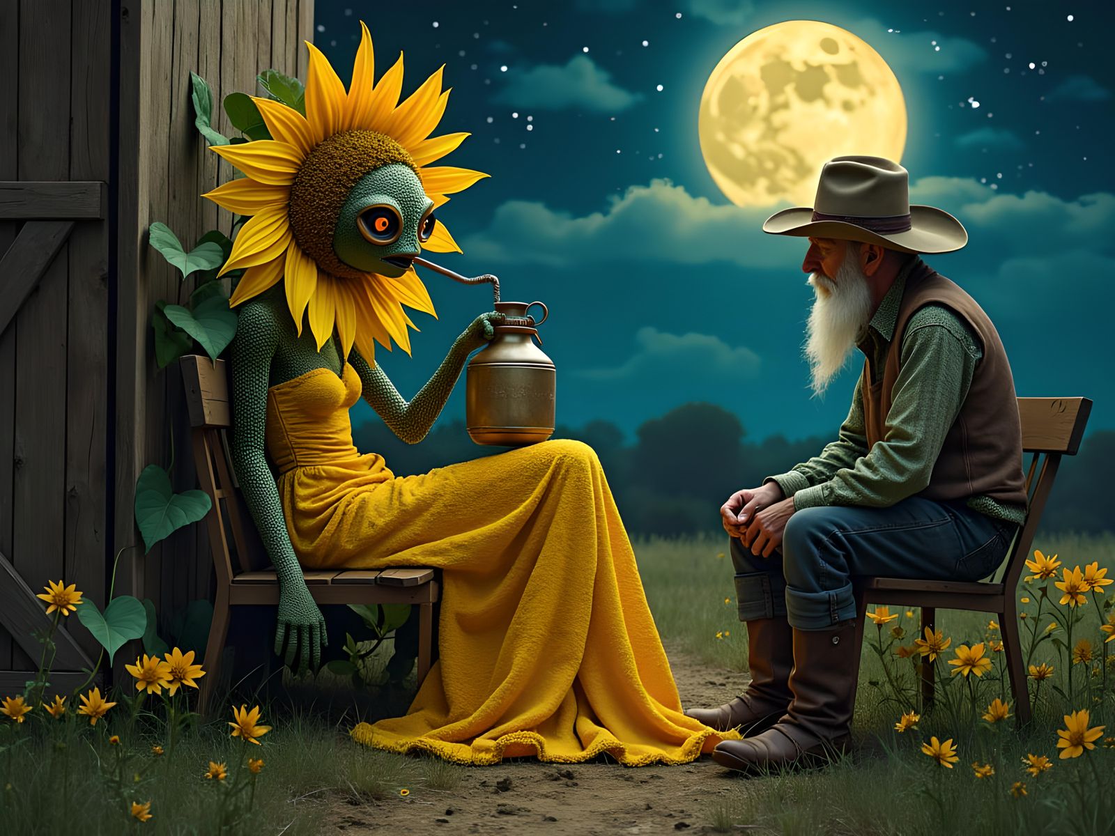 Sunflower Woman and Farmer Under Moonlight