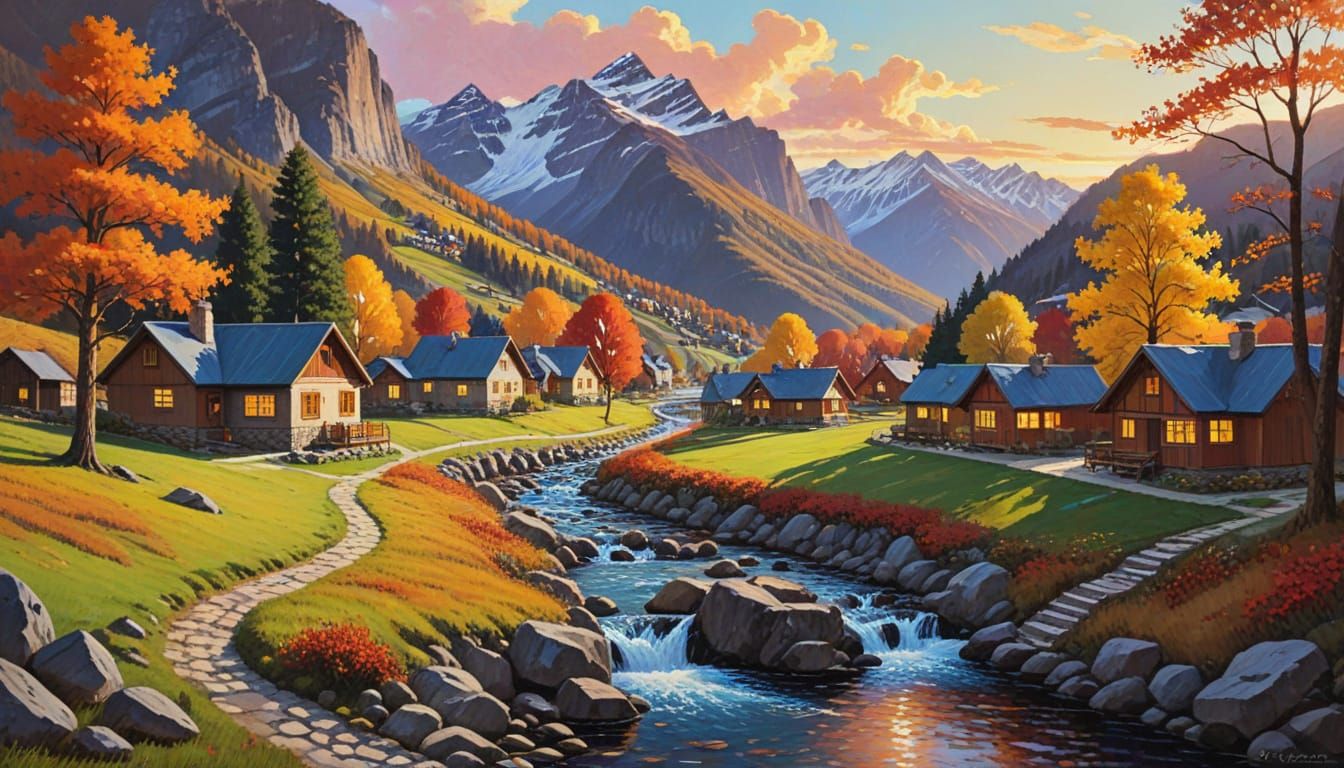 Alpine Village at Sunset in Autumn Style