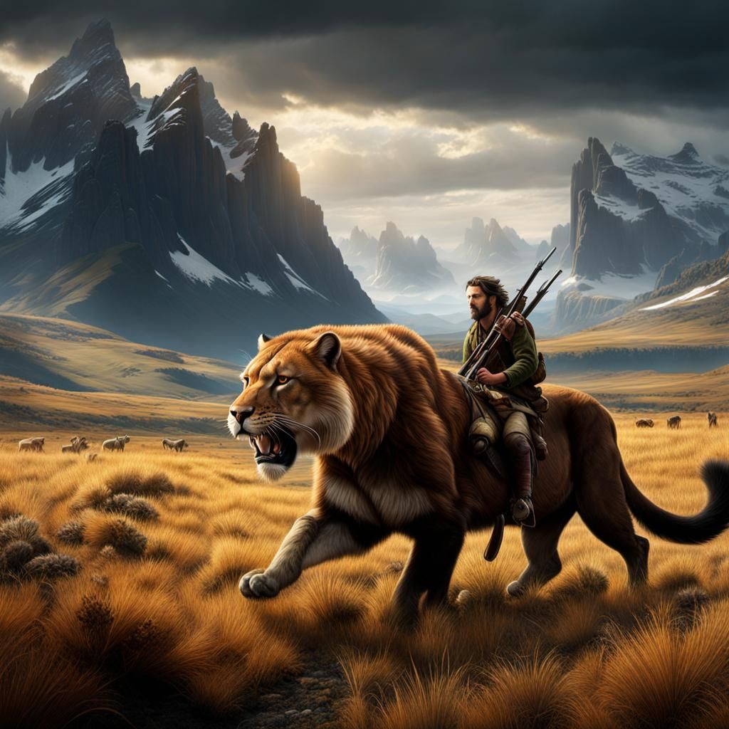 Smilodon Hunting Human in Patagonian Prairie: Digital Painti...