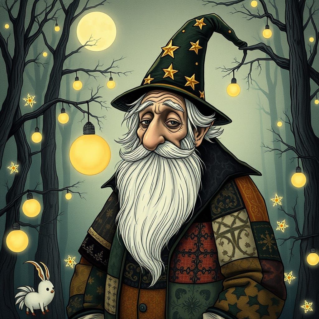 Whimsical Old Man in Starry Hat with Glowing Orbs