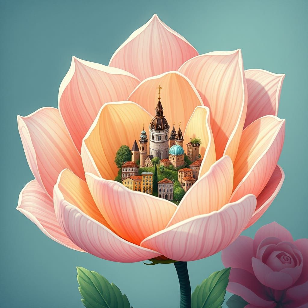 Hidden City Within a Flower, Dreamlike Digital Art