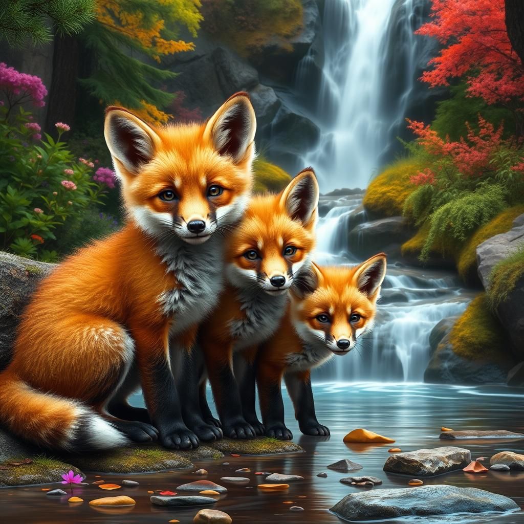 Fox Cubs at a Colorful Forest Waterfall