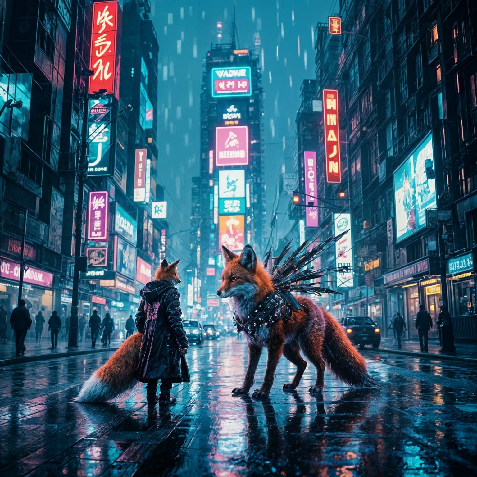 Lone Fox in Neon Cyberpunk Cityscape