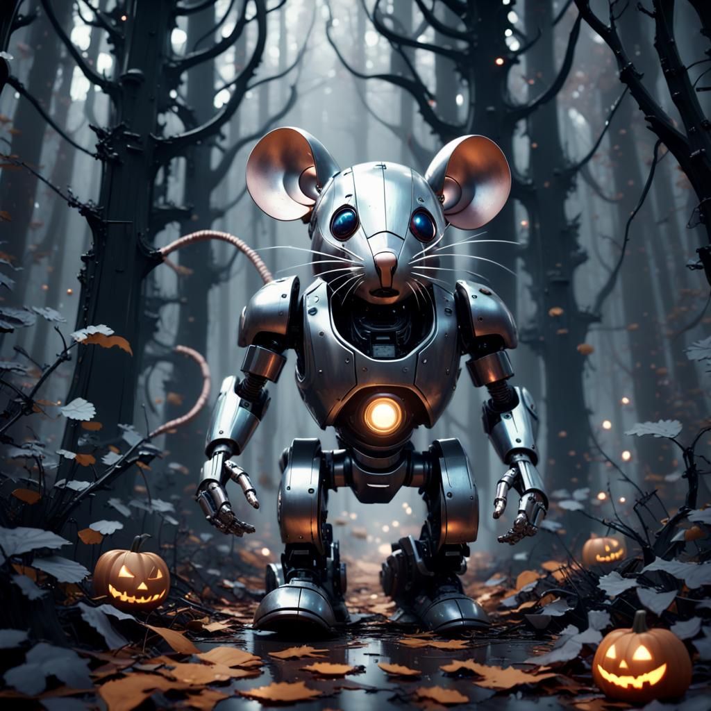 A large robotic mouse walking through a metallic forest filled with the lost souls of fallen children who wondered lost ...