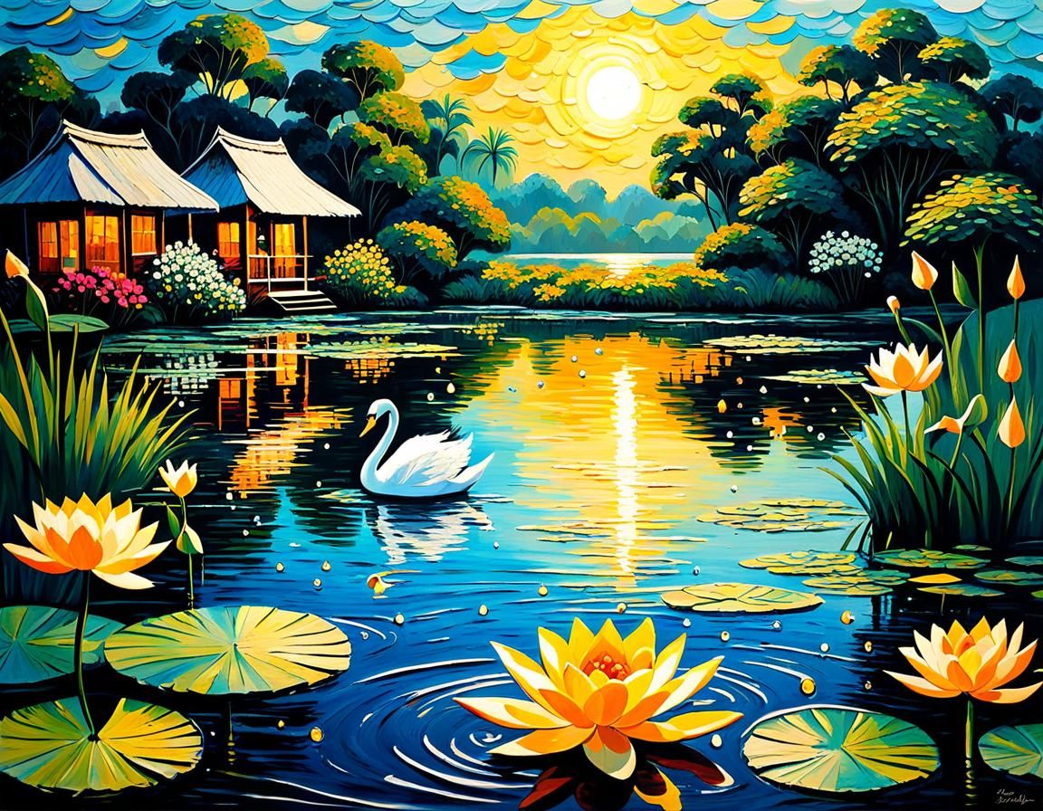 Cracked Glass Art with Swans in Impasto Style