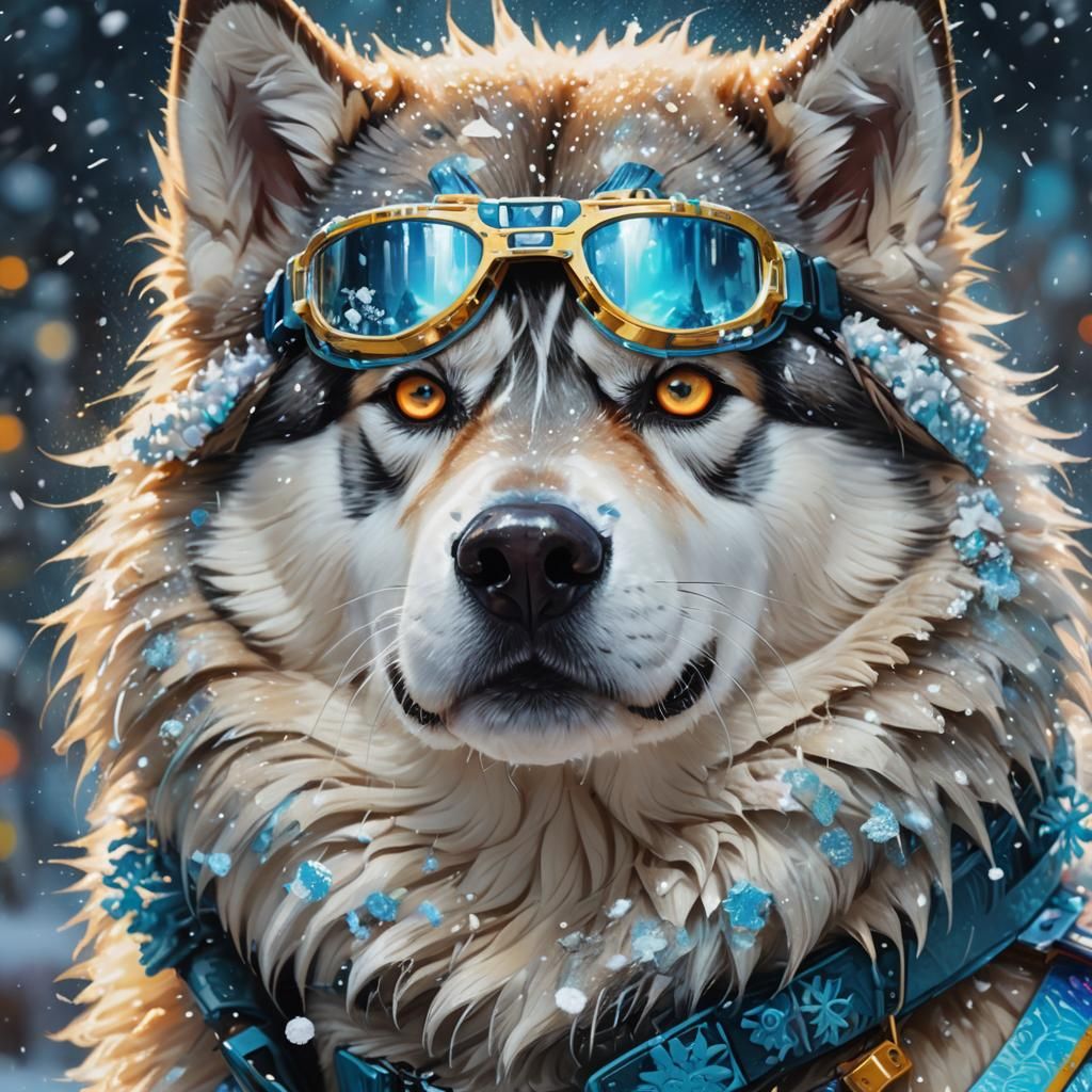 Husky with Neon Goggles: Ornate Triadic Color Portrait