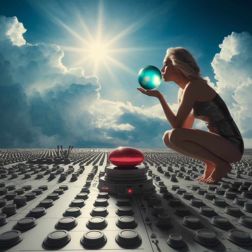 Surreal Landscape with Red Button and Majestic Woman