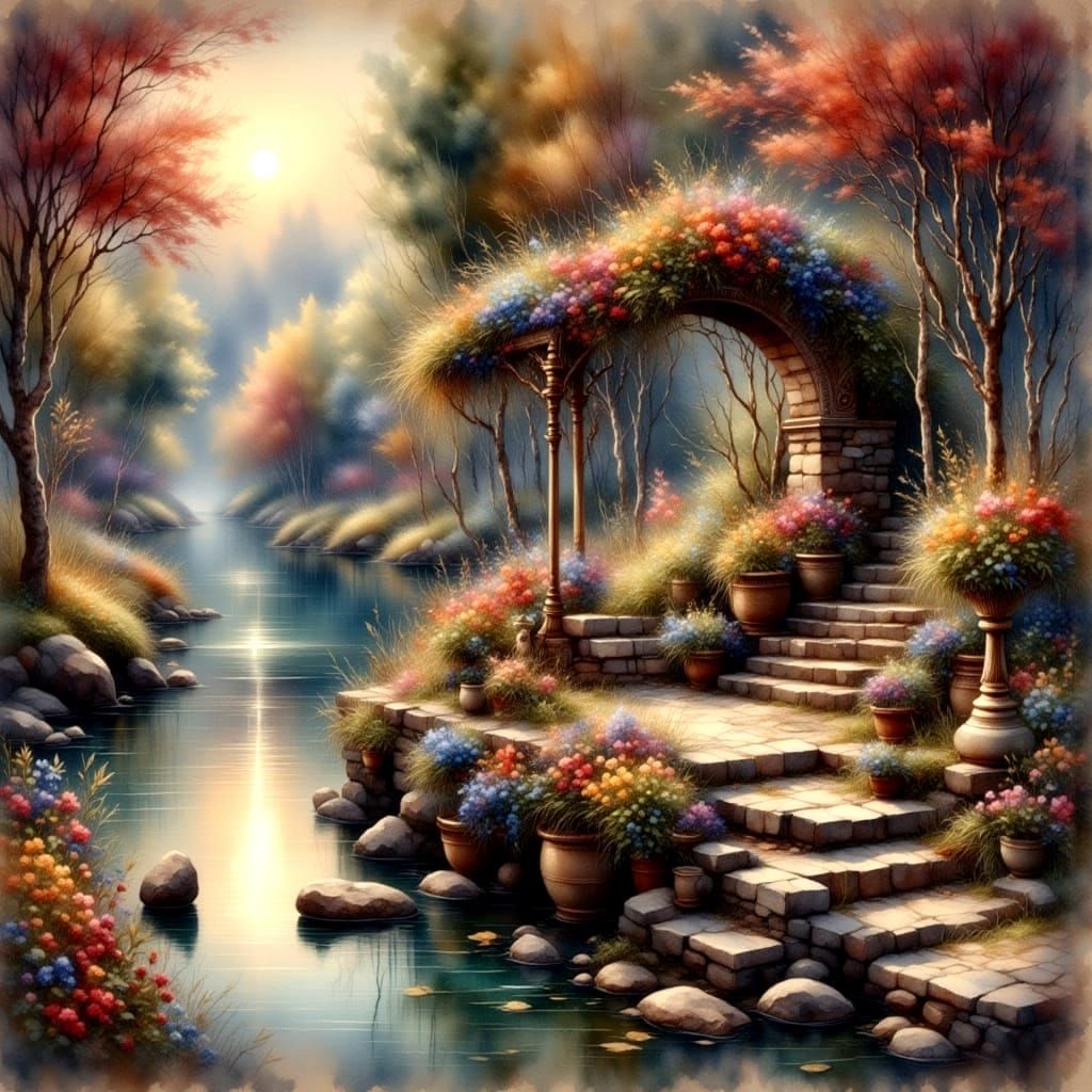 Scenic Shangri-La in Antique Watercolor Style