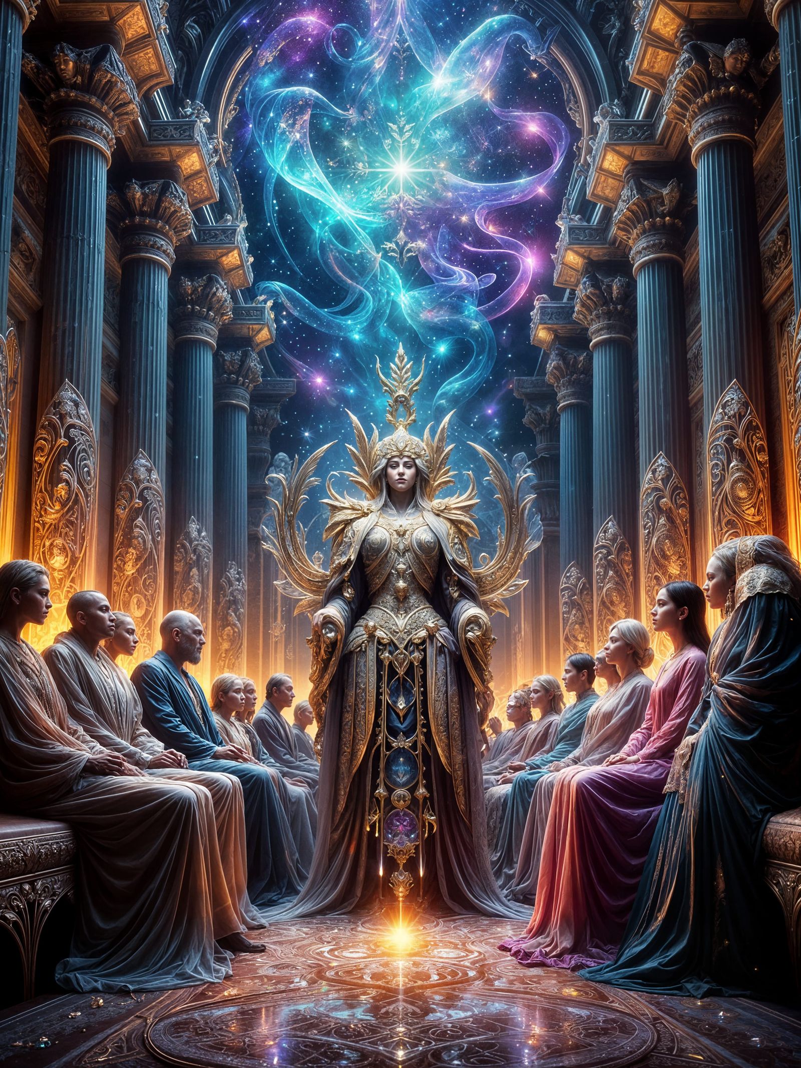 Translucent Tapestry Knighting Scene in Prismatic Colors