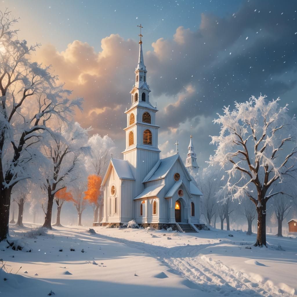 Snowy Countryside Church Bells Ringing, Digital Painting