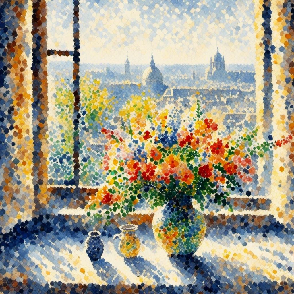 Parisian Window: Watercolor Flower Vase in Sunlight