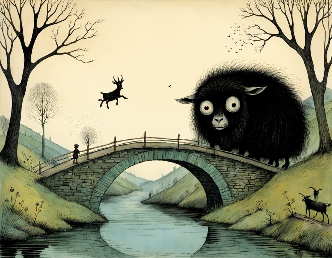Eerie Goat Bridge Illustration in Children's Book Style
