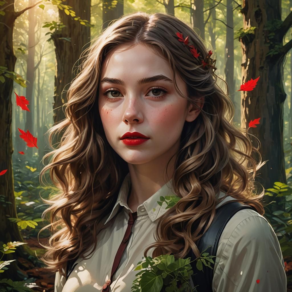 Forest Portrait of Girl with Red Lipstick