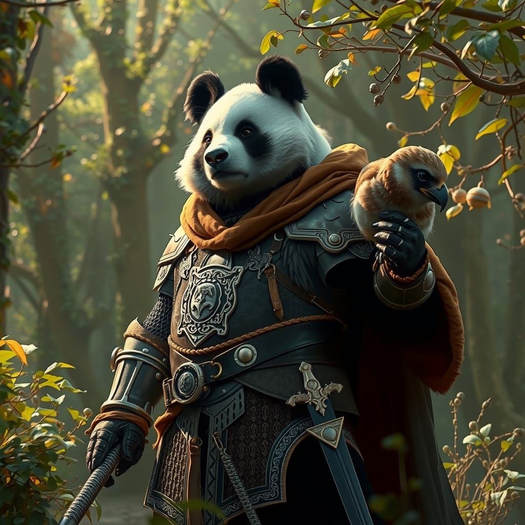 Humanoid Panda Knight in Whimsical Forest