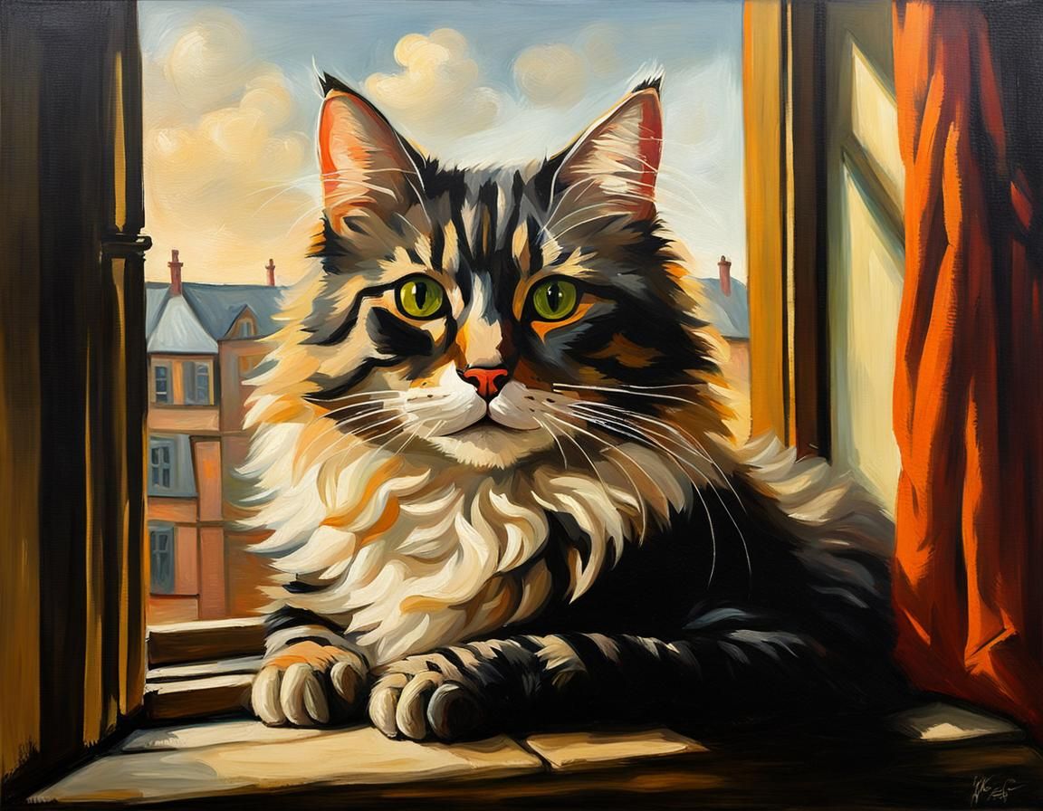 Cat in Window, Rembrandt-Style Oil Painting