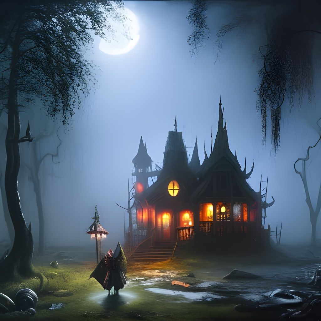 Eerie Foggy Shack in Dark Gothic Style