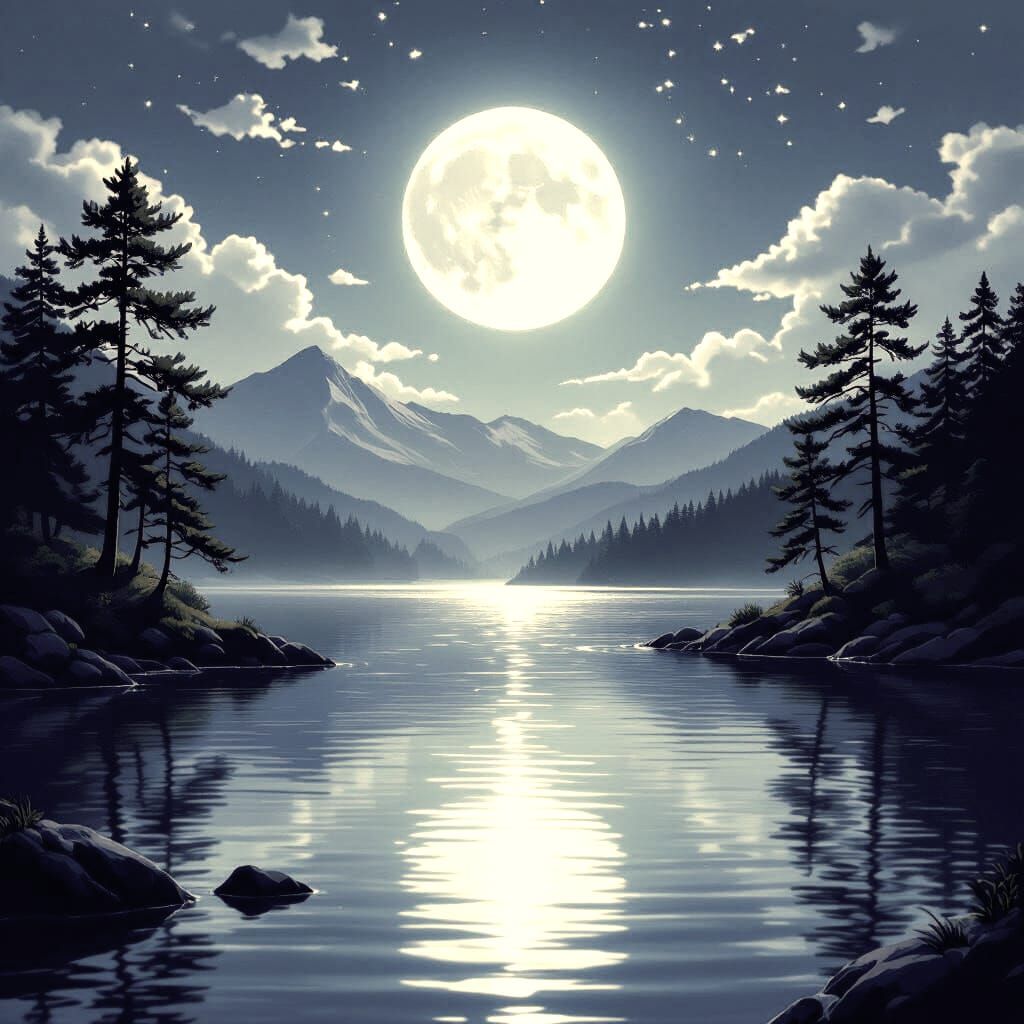 Anime Mountain Lake Under Full Moon