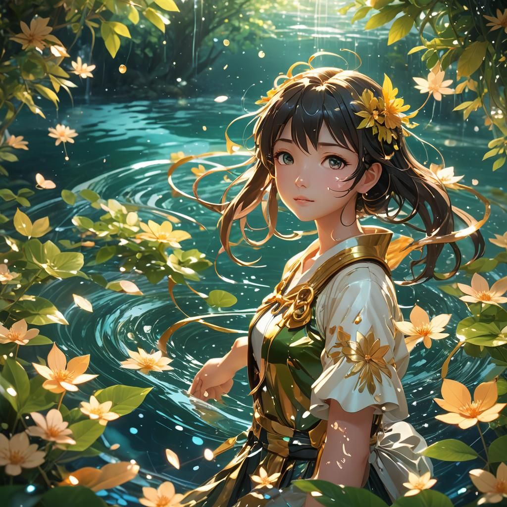 Magical Girl Surrounded by Glowing Water: Anime Art
