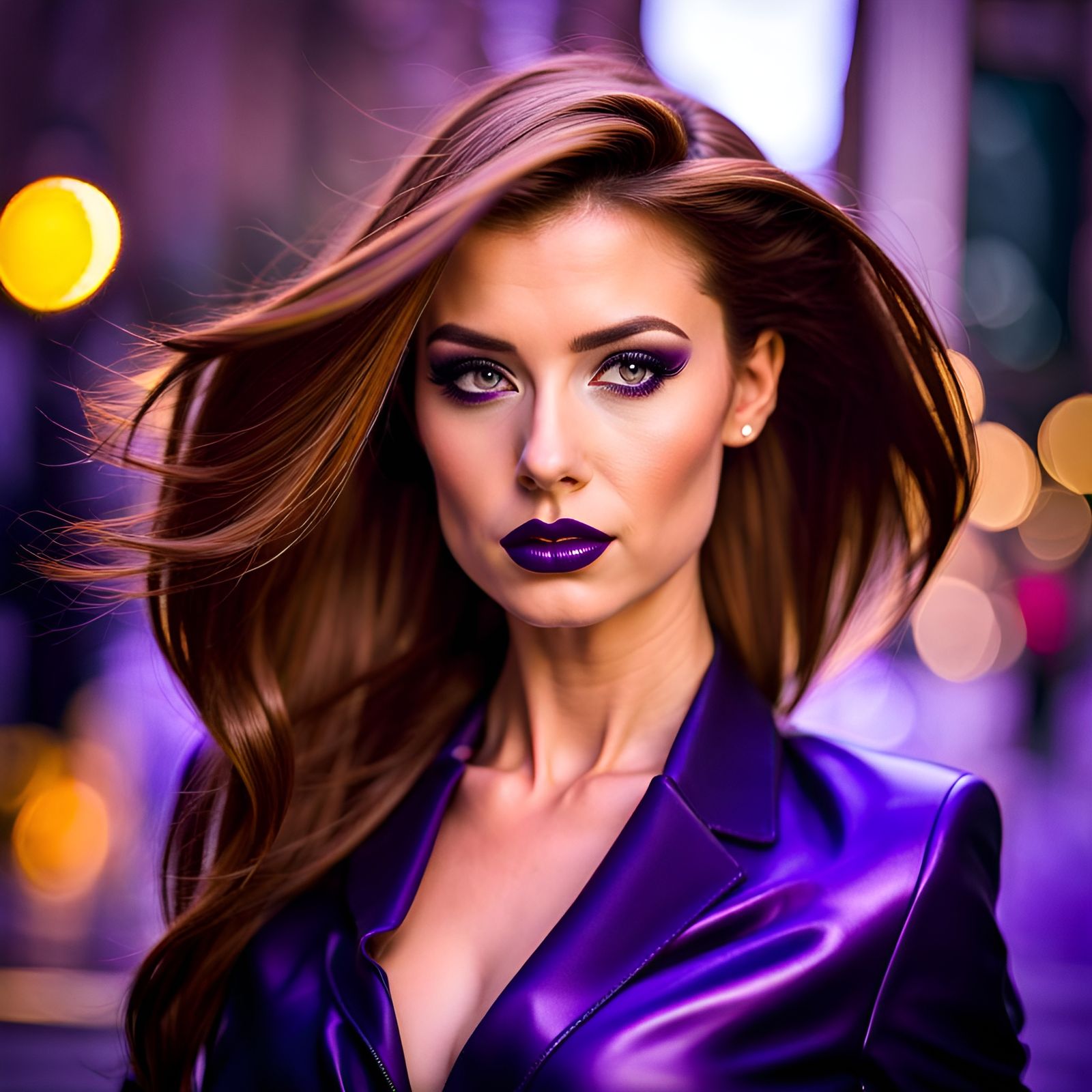 Elegant Woman in Purple Latex, City Photography