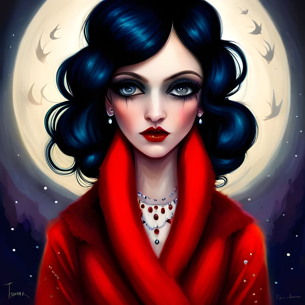 Glamorous Goth Girl in Red Fur Coat: Vintage Photography