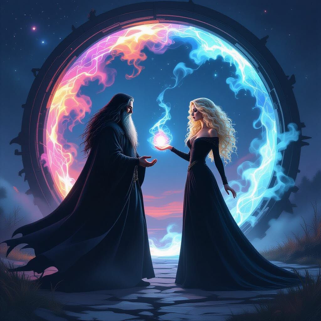 Dark Wizard and Woman Enter Shimmering Portal