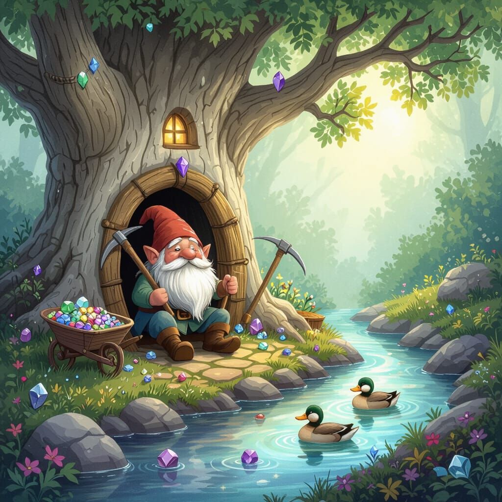 Gnome Rests by Gemstone Stream and Oak Home
