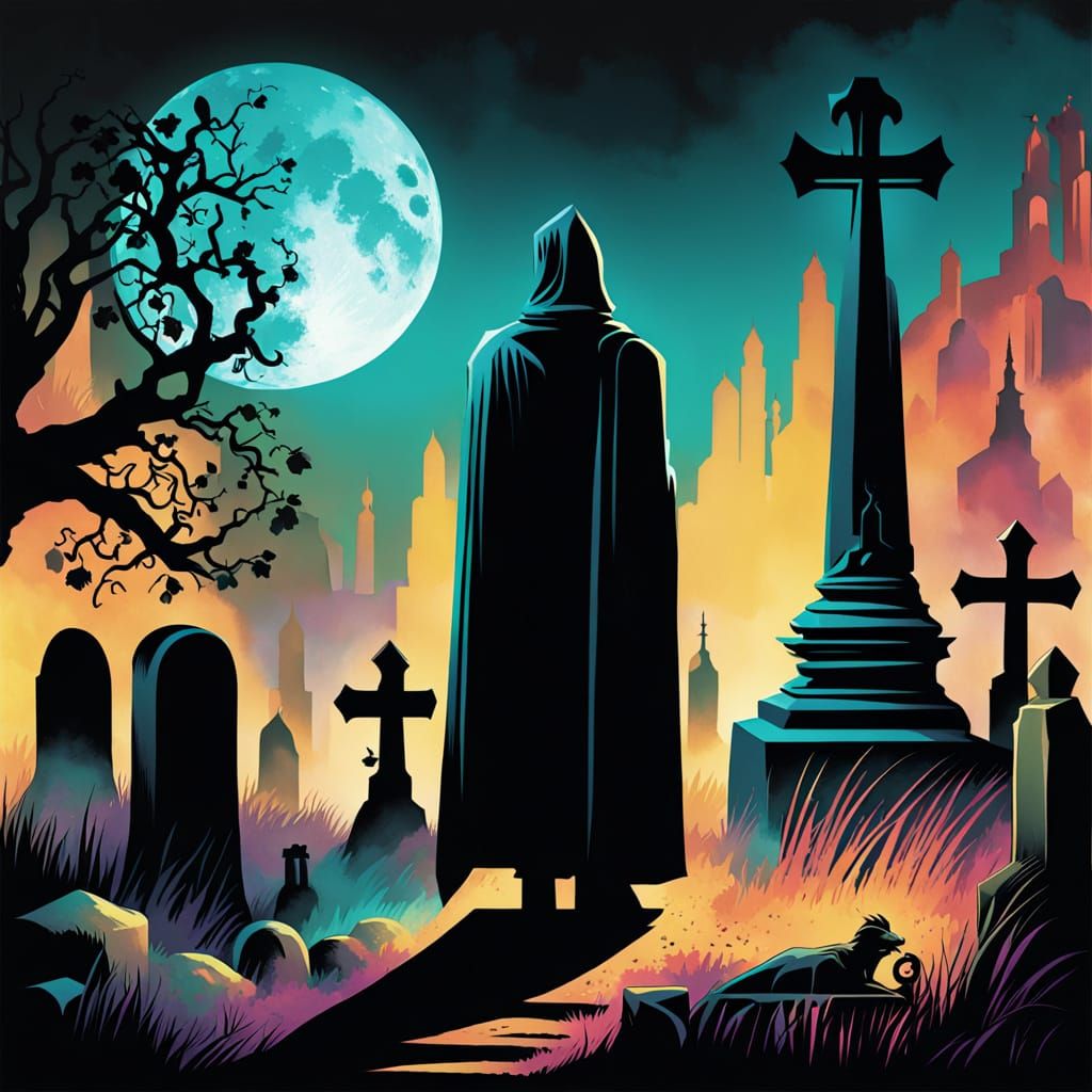Eerie Spectral Figure in Graveyard Illustration